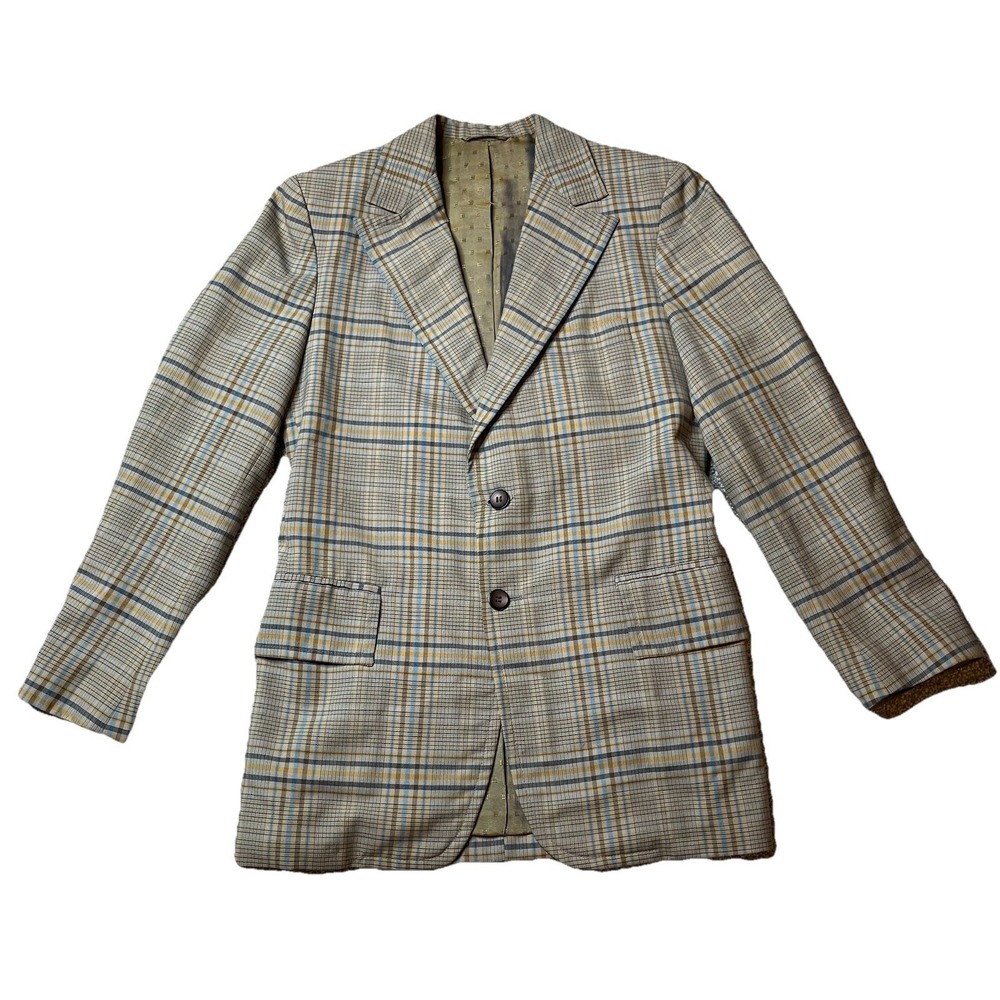 Vintage 70s Harry Men's Plaid Sport Coat Blazer 36 Small Tan Disco Academic